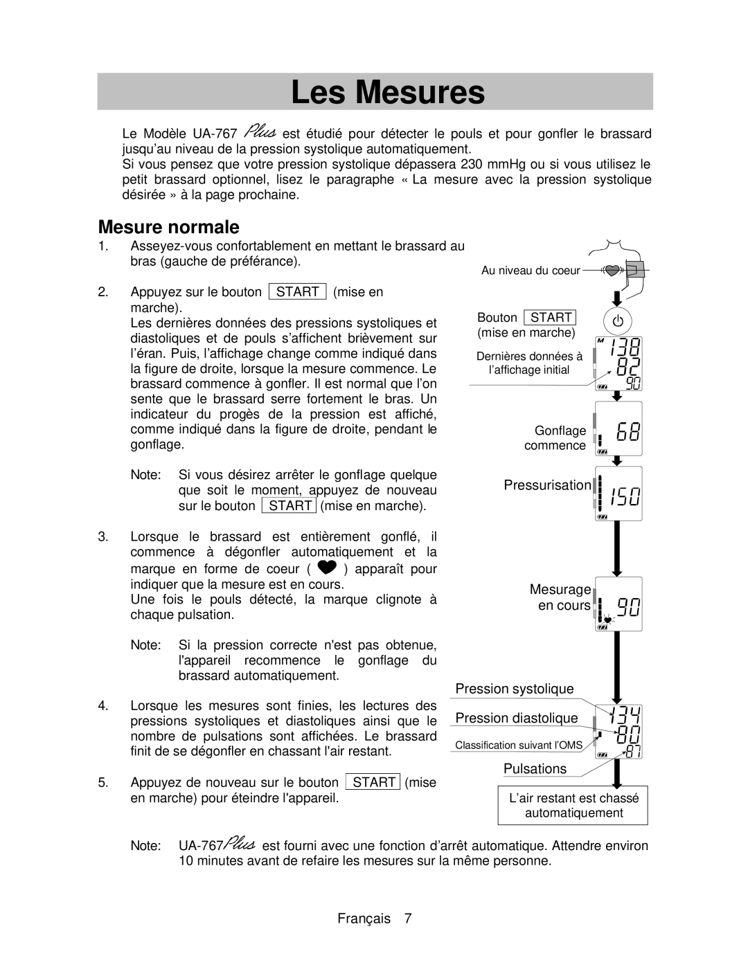 A&D UA-767 instruction manual Les Mesures, Mesure normale 