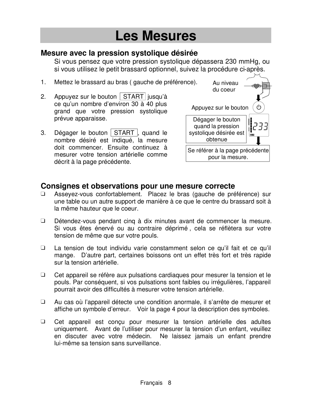 A&D UA-767 Mesure avec la pression systolique désirée, Consignes et observations pour une mesure correcte 