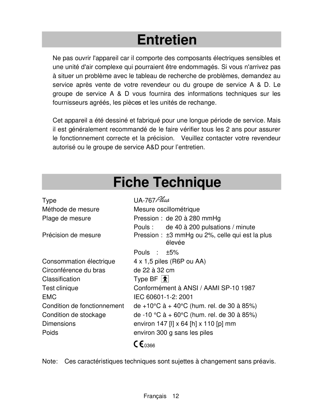 A&D UA-767 instruction manual Entretien, Fiche Technique 