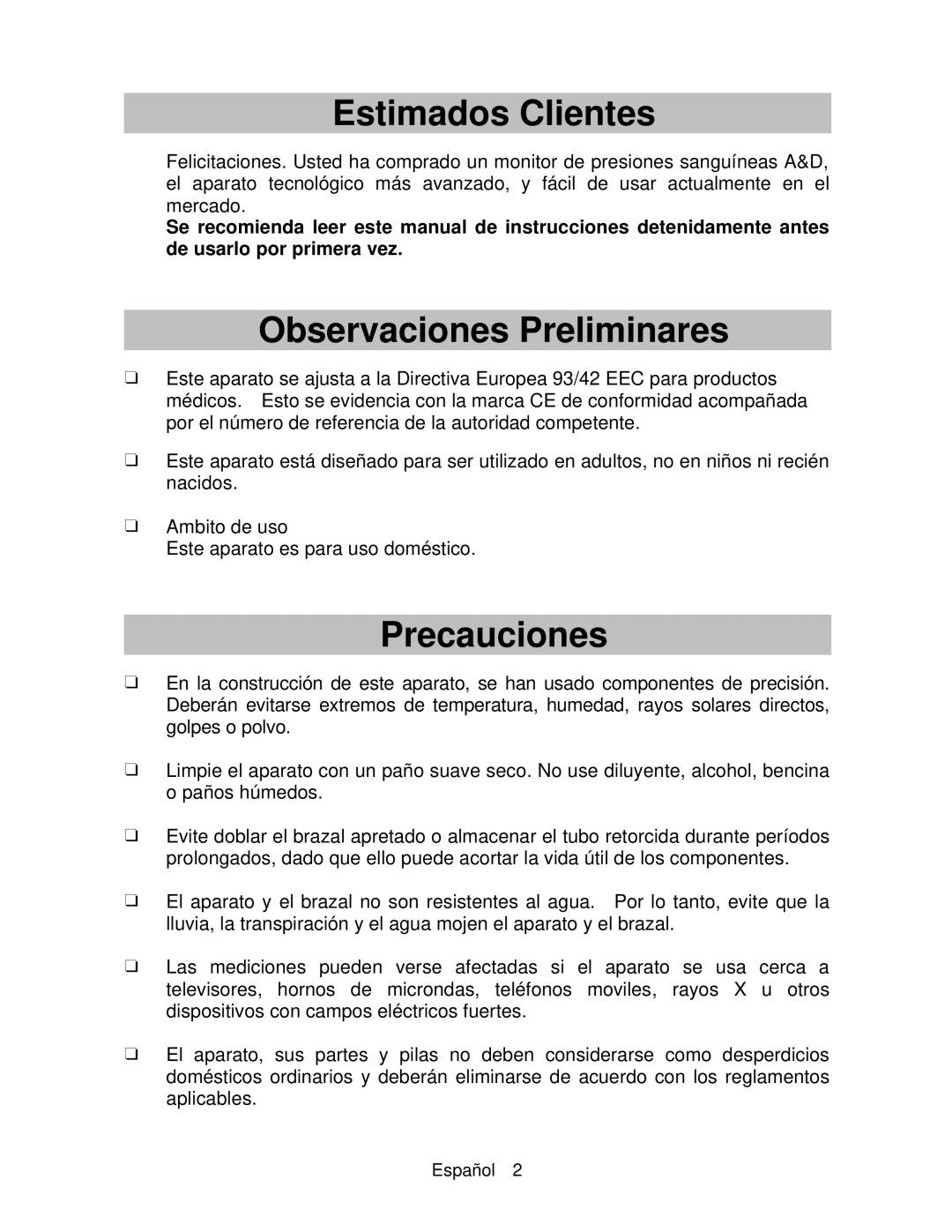 A&D UA-767 instruction manual Estimados Clientes, Observaciones Preliminares, Precauciones 