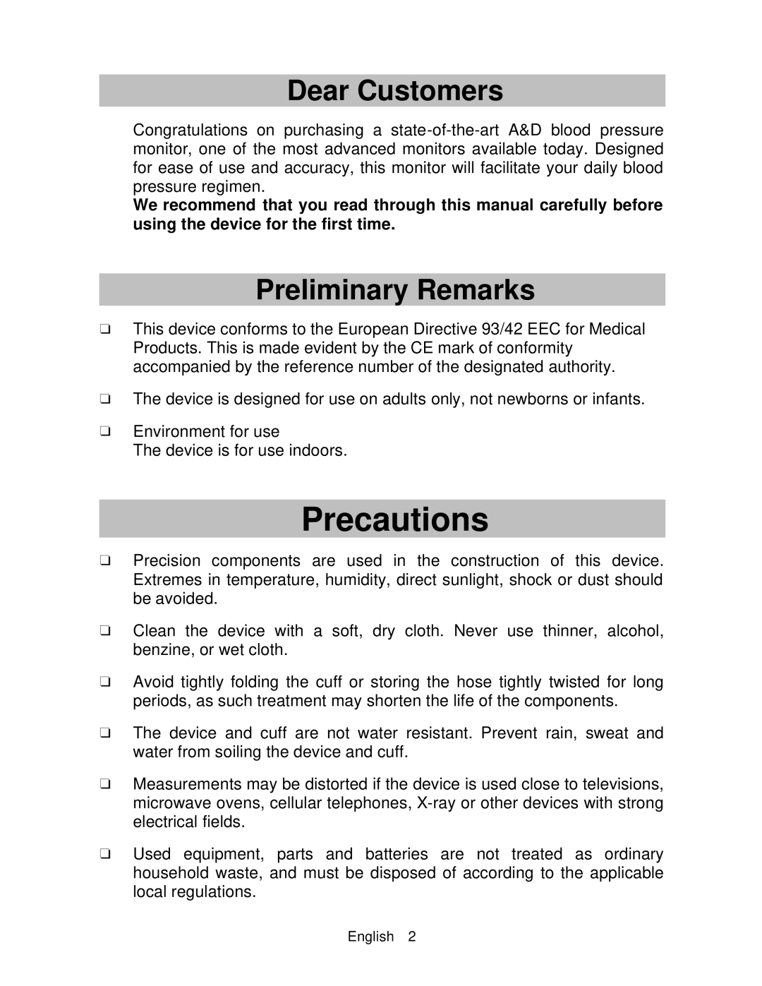 A&D UA-767 instruction manual Precautions, Dear Customers, Preliminary Remarks 