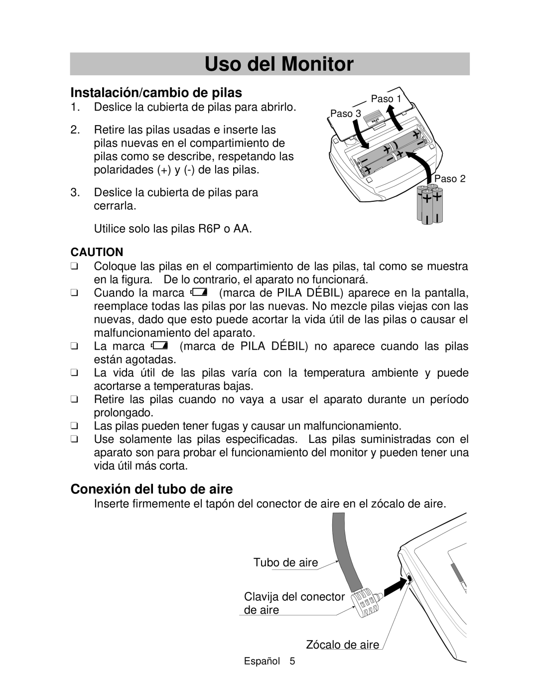 A&D UA-767 instruction manual Uso del Monitor, Instalación/cambio de pilas, Conexión del tubo de aire 