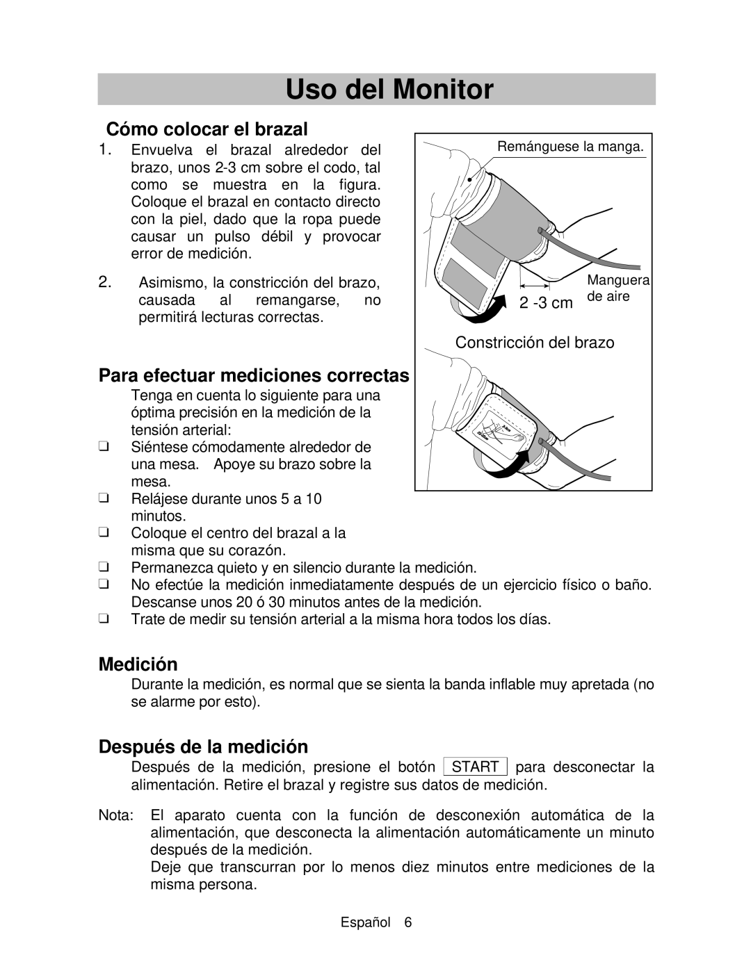 A&D UA-767 instruction manual Cómo colocar el brazal, Para efectuar mediciones correctas, Medición, Después de la medición 