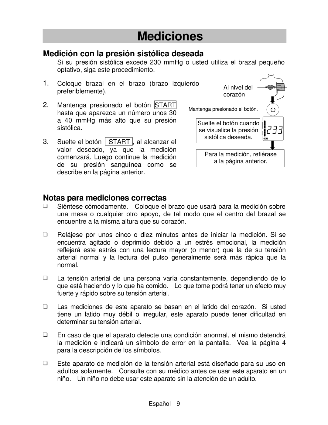 A&D UA-767 instruction manual Medición con la presión sistólica deseada, Notas para mediciones correctas 