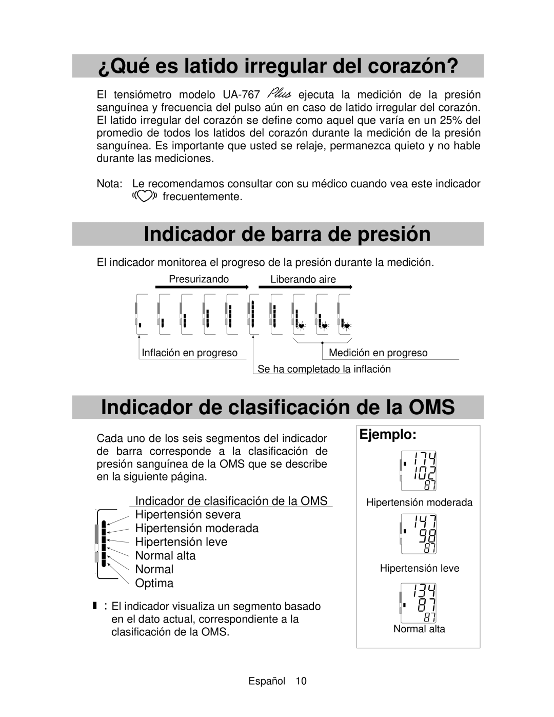 A&D UA-767 ¿Qué es latido irregular del corazón?, Indicador de barra de presión, Indicador de clasificación de la OMS 