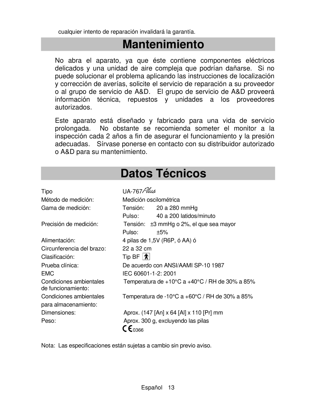 A&D UA-767 instruction manual Mantenimiento, Datos Técnicos 