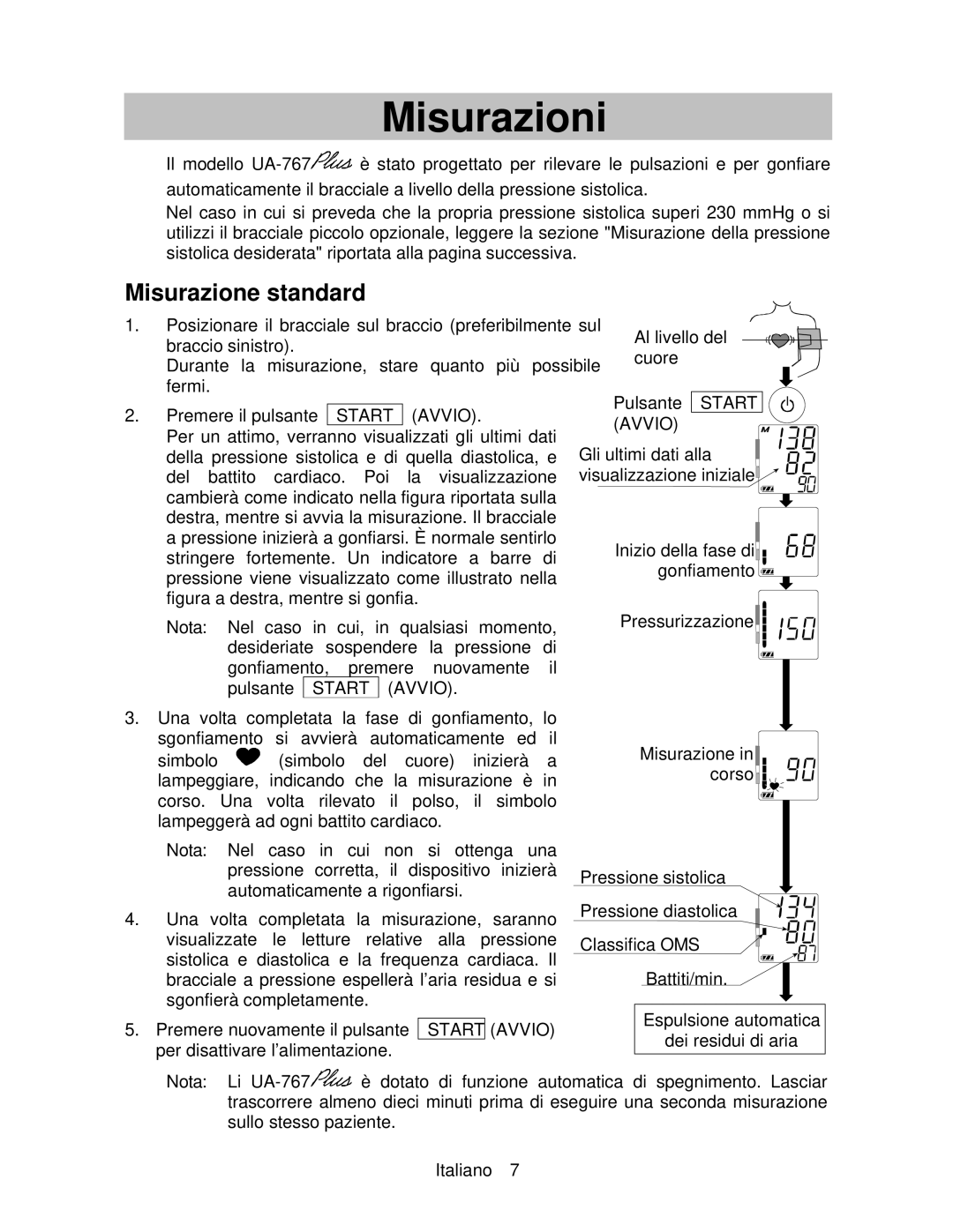 A&D UA-767 instruction manual Misurazioni, Misurazione standard 