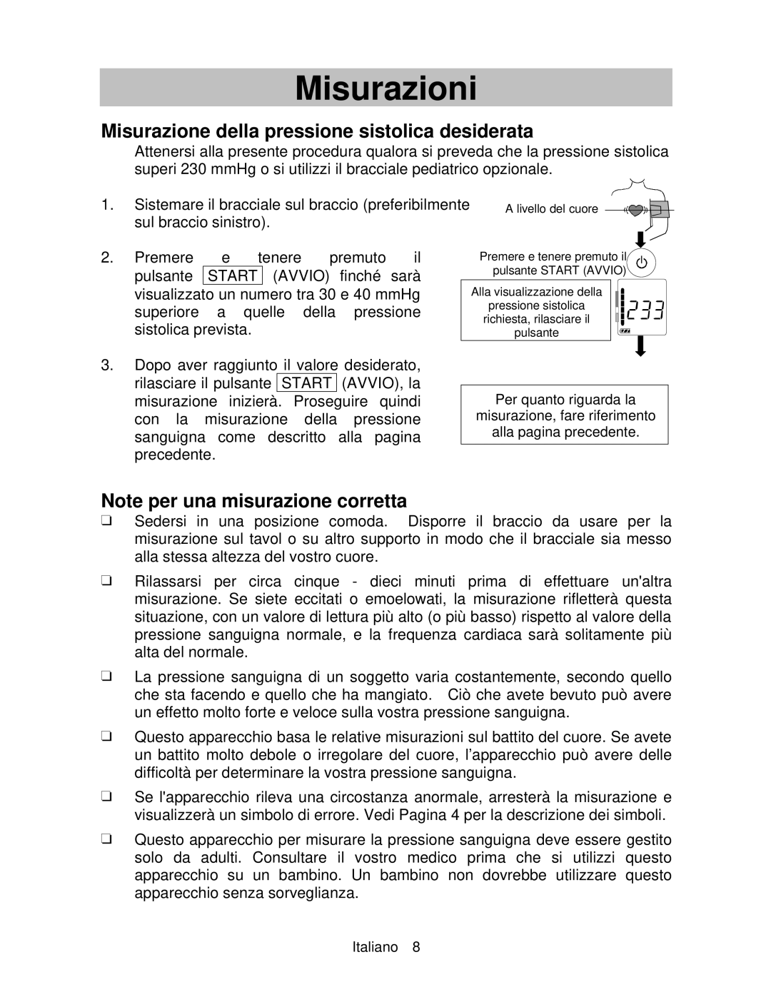 A&D UA-767 instruction manual Misurazione della pressione sistolica desiderata, Start Avvio 