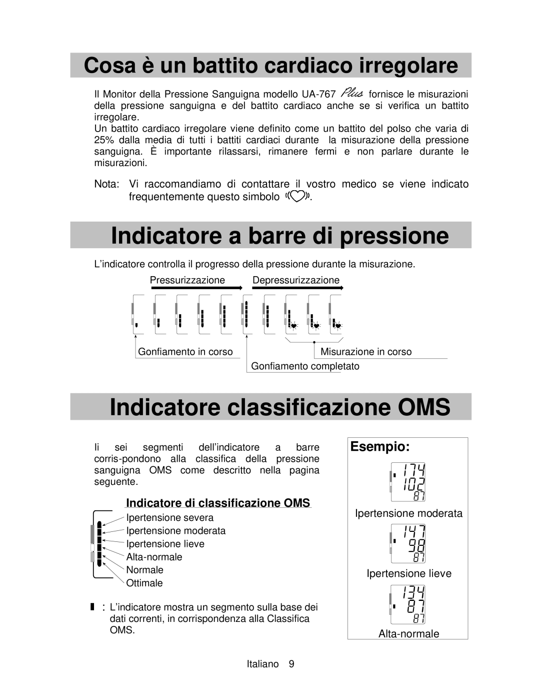 A&D UA-767 instruction manual Indicatore a barre di pressione, Indicatore classificazione OMS, Esempio 