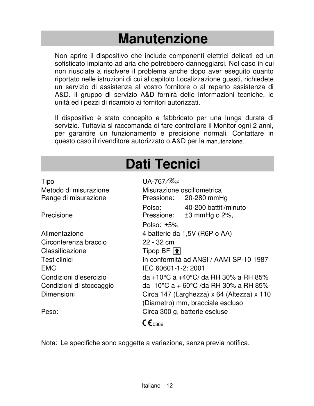 A&D UA-767 instruction manual Manutenzione, Dati Tecnici 