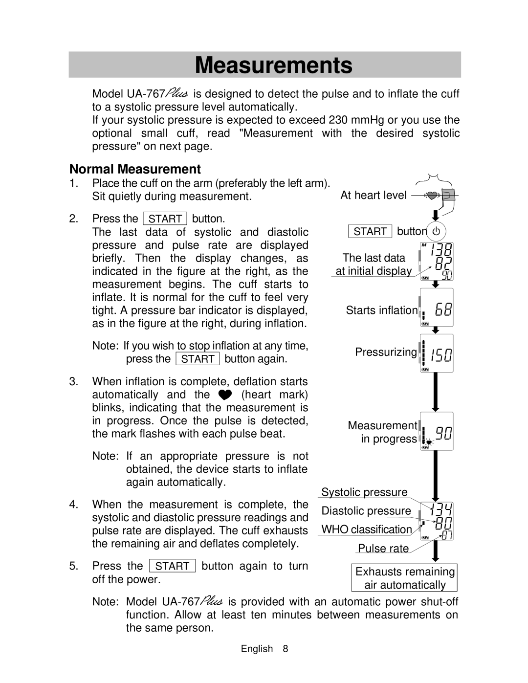 A&D UA-767 instruction manual Measurements, Normal Measurement 