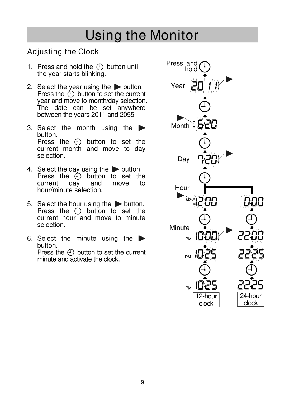 A&D UA-767NFC instruction manual Adjusting the Clock, Select the year using the button 