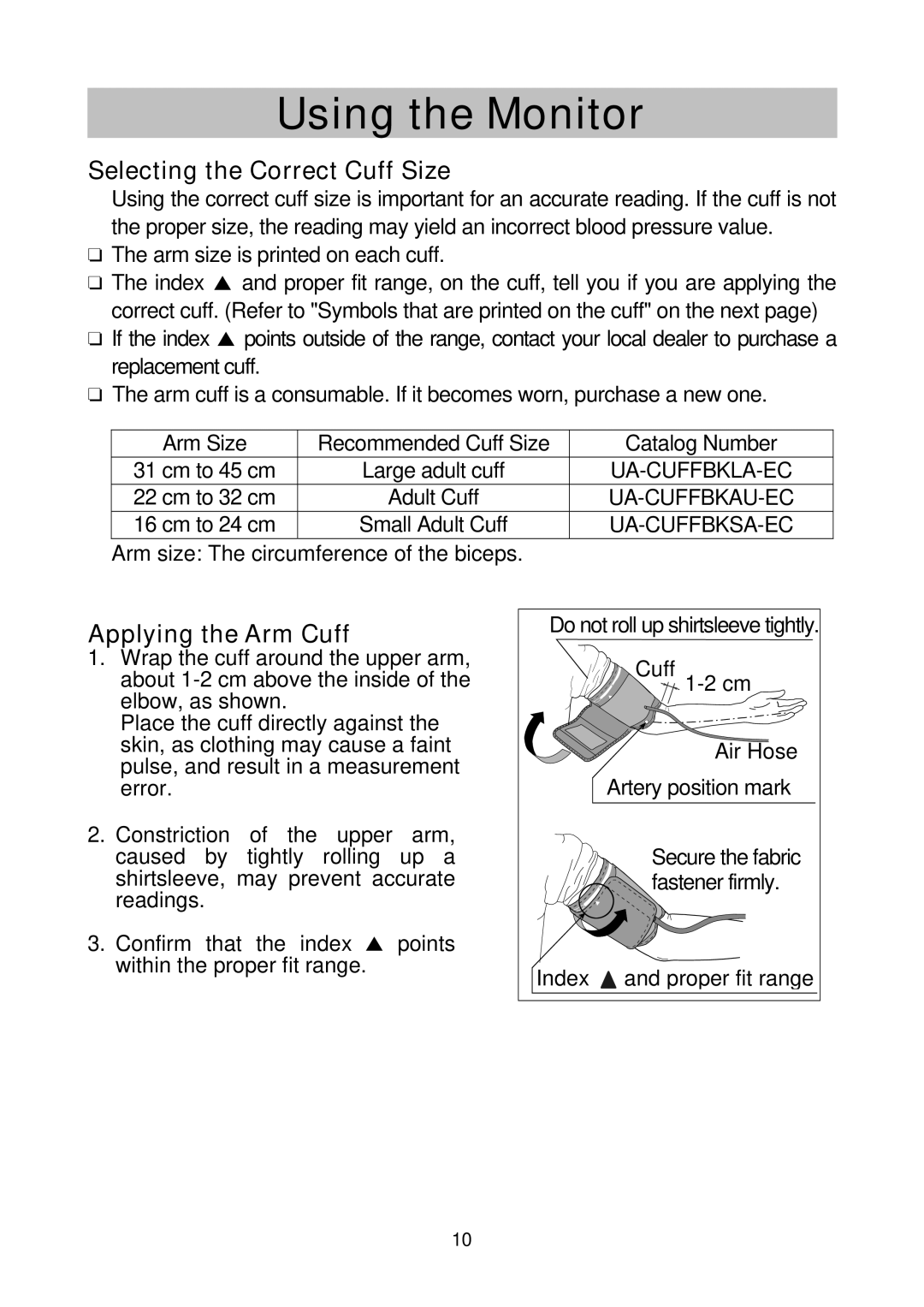 A&D UA-767NFC instruction manual Selecting the Correct Cuff Size, Applying the Arm Cuff 