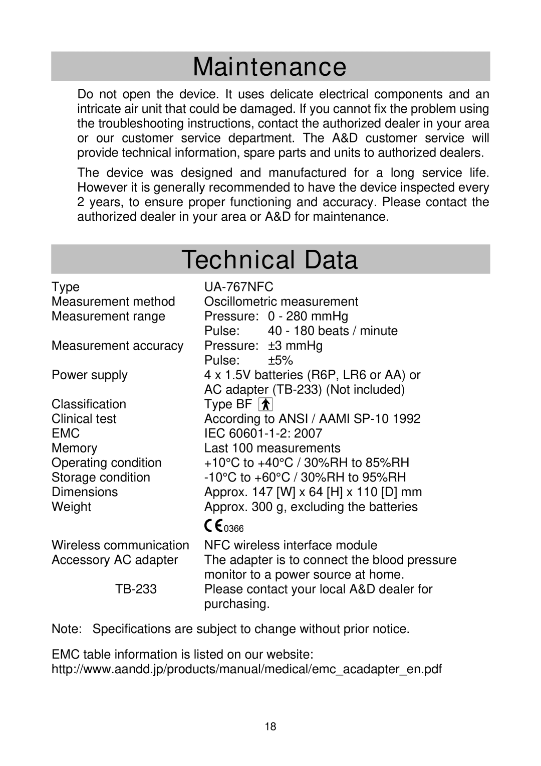 A&D UA-767NFC instruction manual Maintenance, Technical Data 