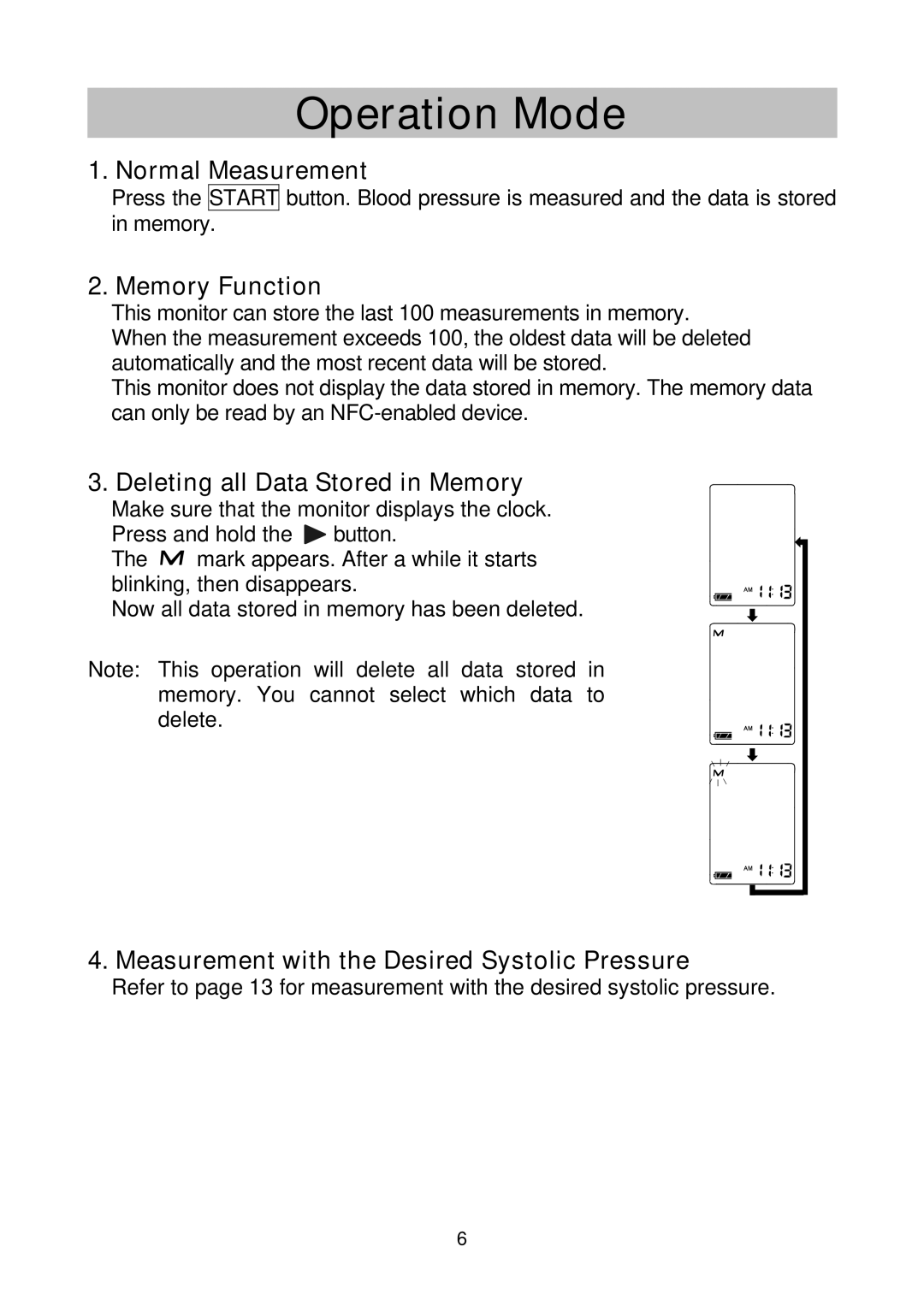 A&D UA-767NFC instruction manual Operation Mode, Normal Measurement, Memory Function, Deleting all Data Stored in Memory 