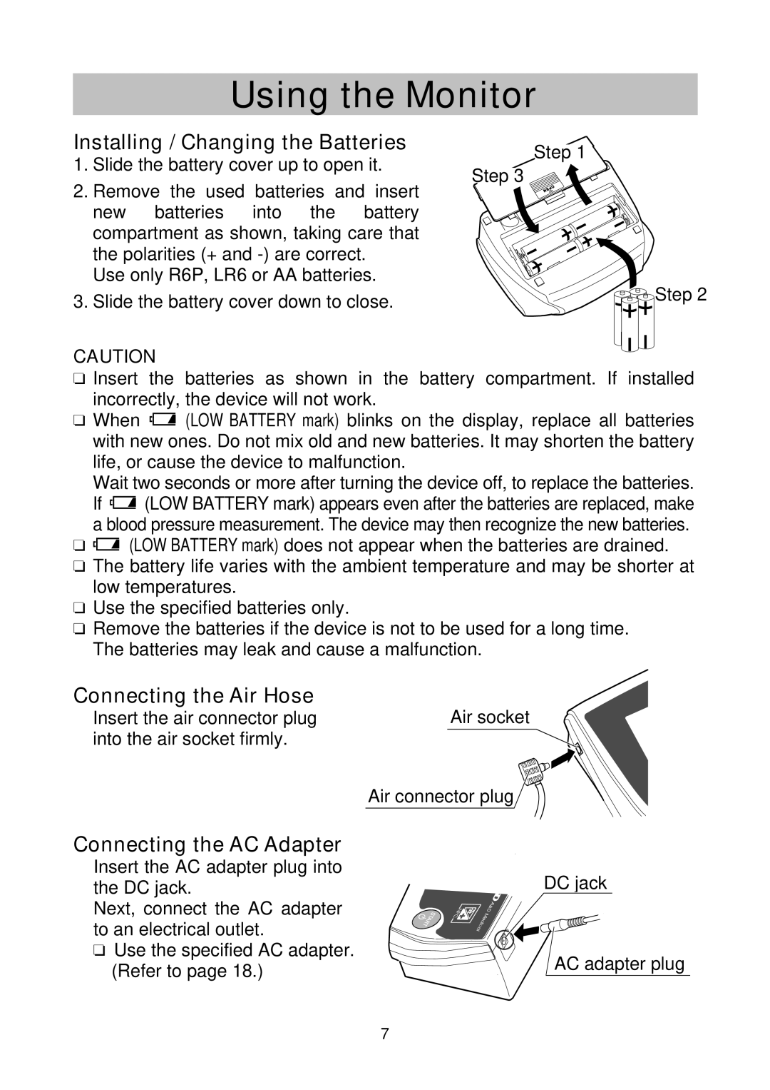 A&D UA-767NFC Using the Monitor, Installing / Changing the Batteries, Connecting the Air Hose, Connecting the AC Adapter 