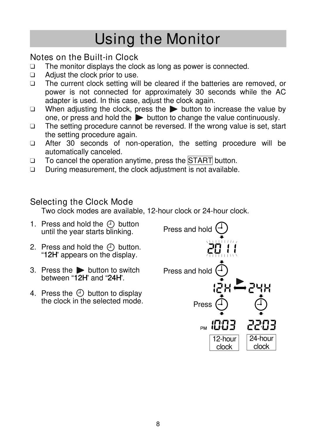 A&D UA-767NFC instruction manual Selecting the Clock Mode 