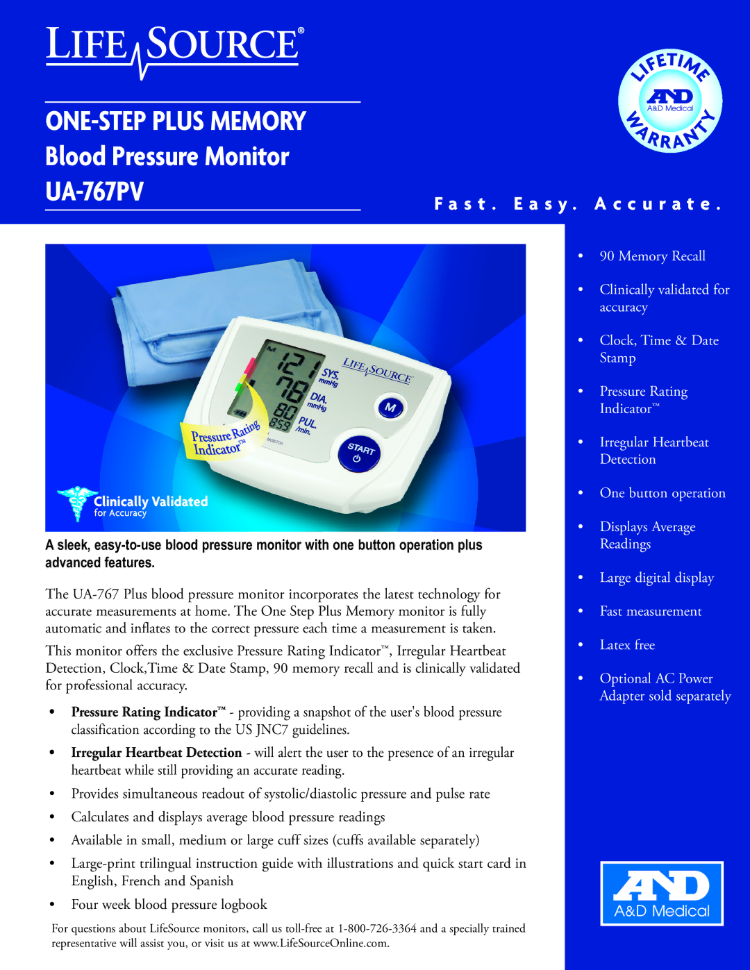 A&D quick start ONE-STEP Plus Memory Blood Pressure Monitor UA-767PV 