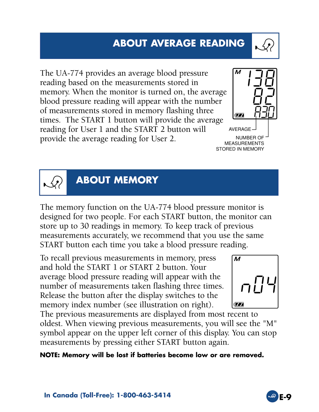 A&D UA-774 manual About Average Reading, About Memory 