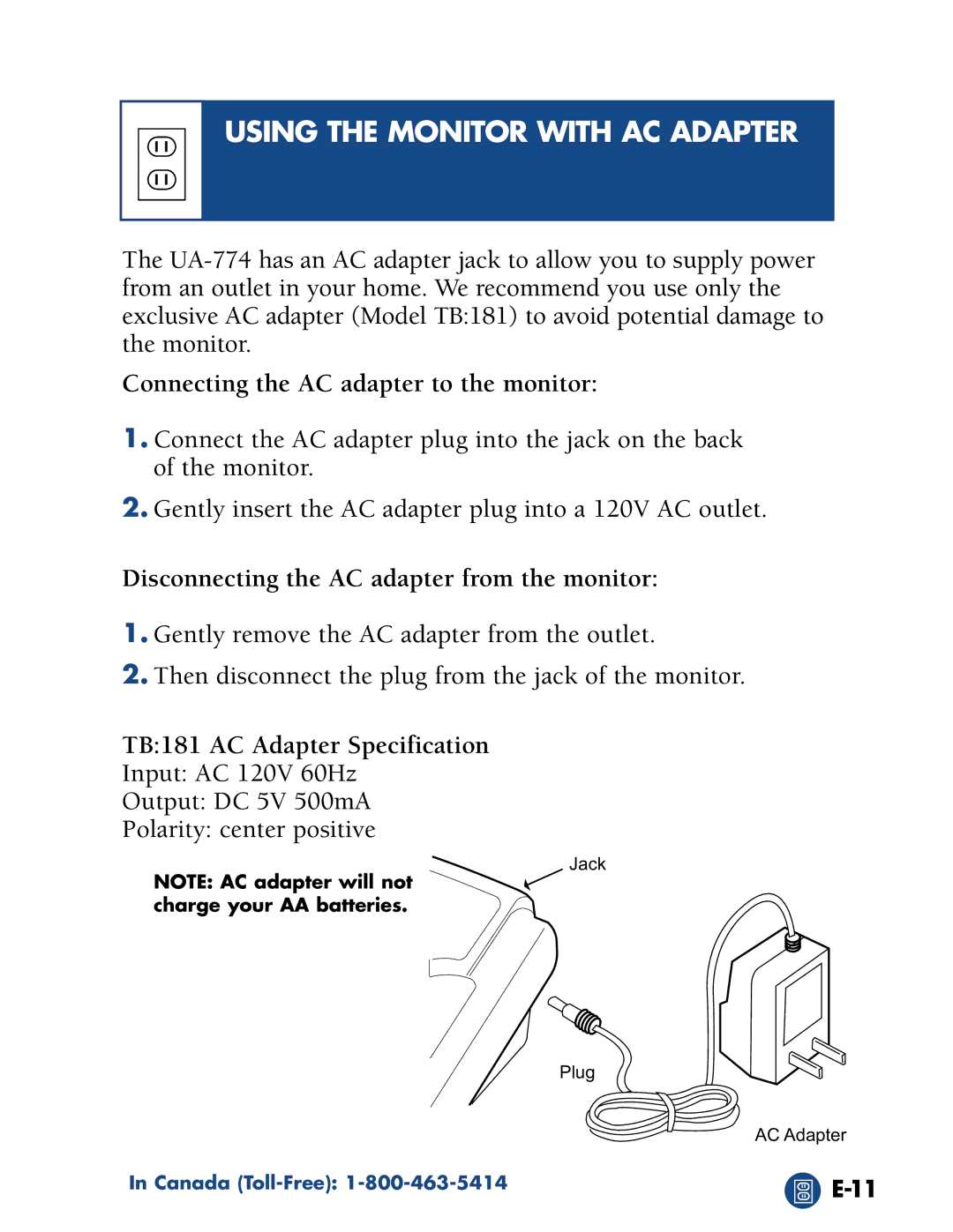 A&D UA-774 manual Using the Monitor with AC Adapter, Connecting the AC adapter to the monitor 