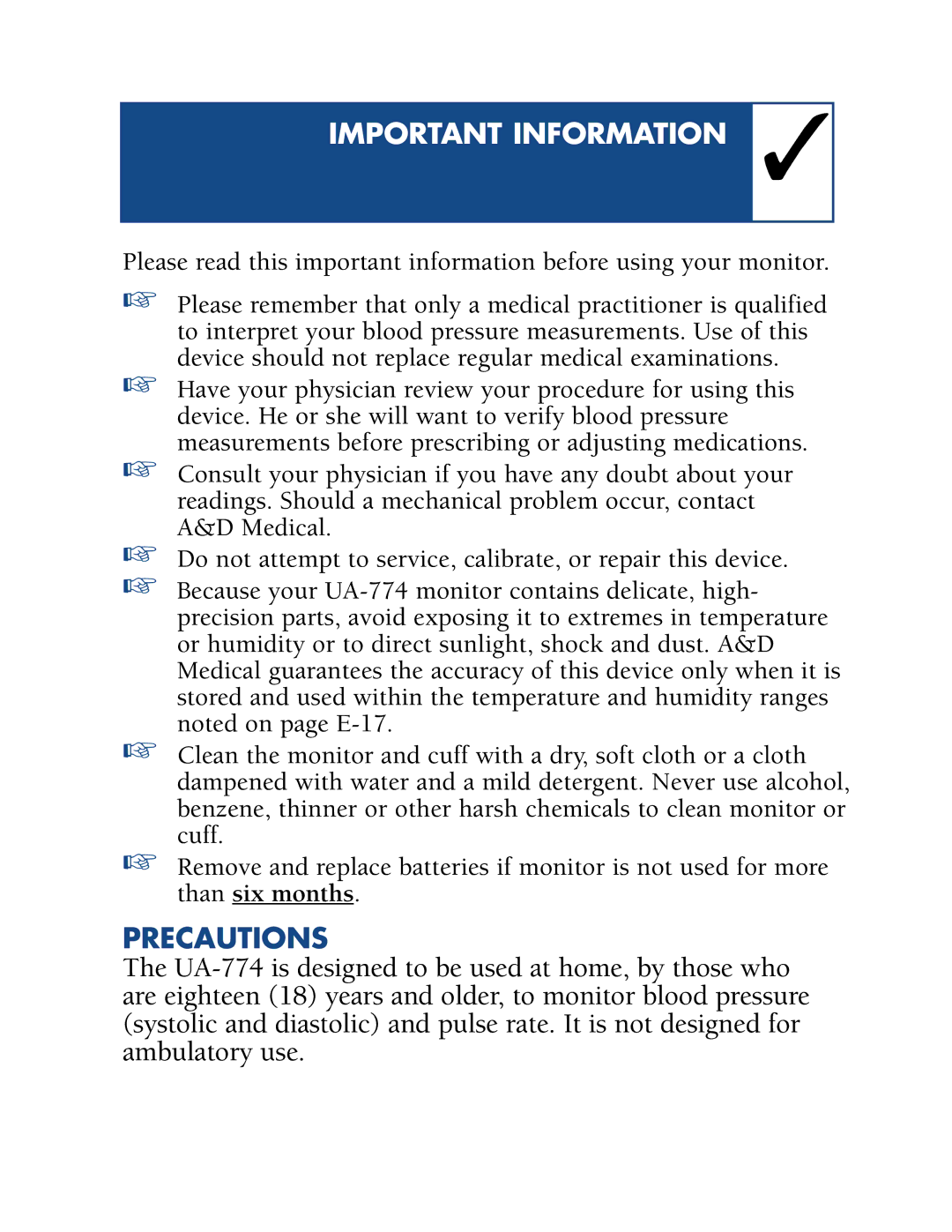 A&D UA-774 manual Important Information, Precautions 