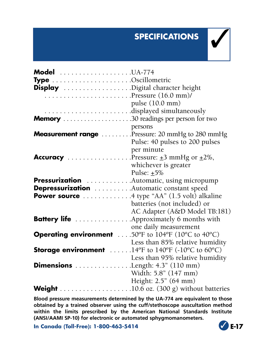 A&D UA-774 manual Specifications 