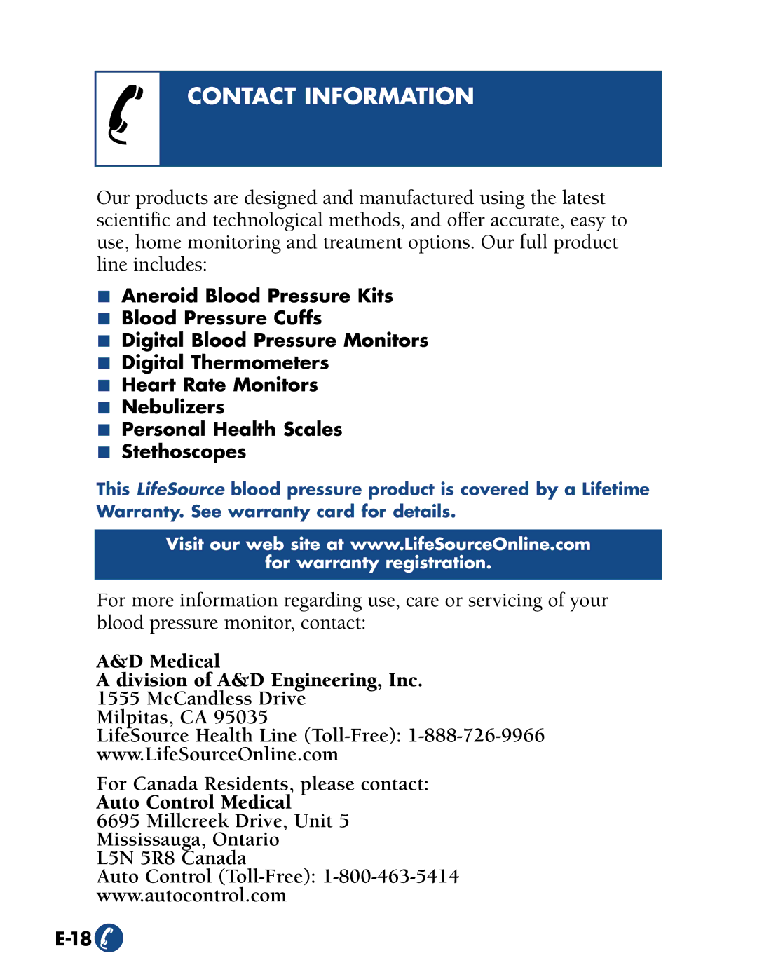 A&D UA-774 manual Contact Information 