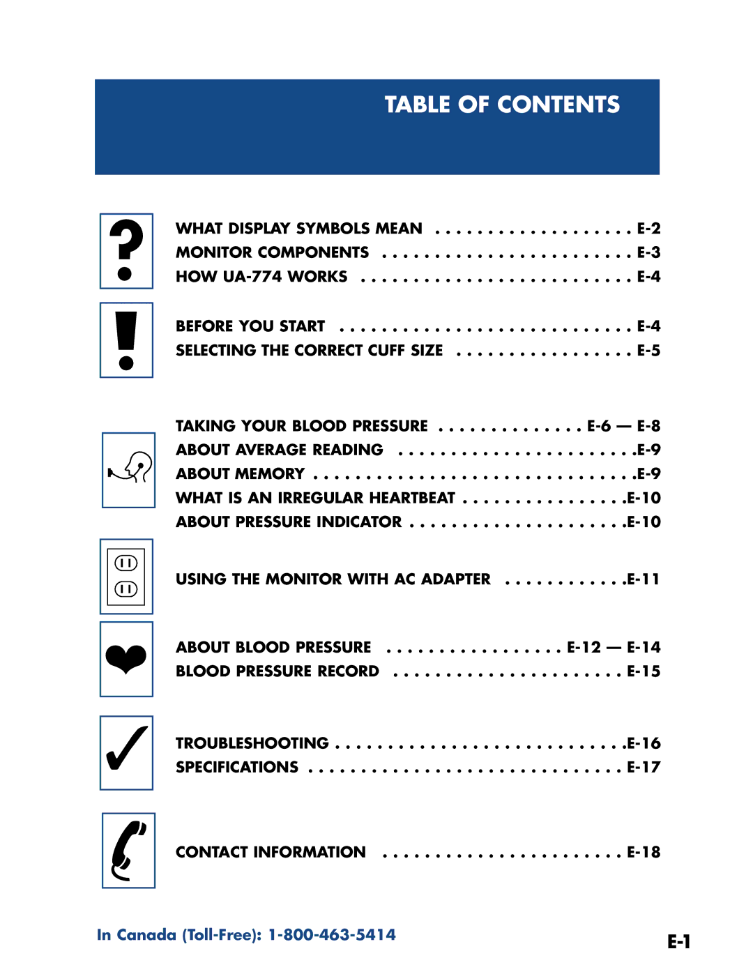 A&D UA-774 manual Table of Contents 