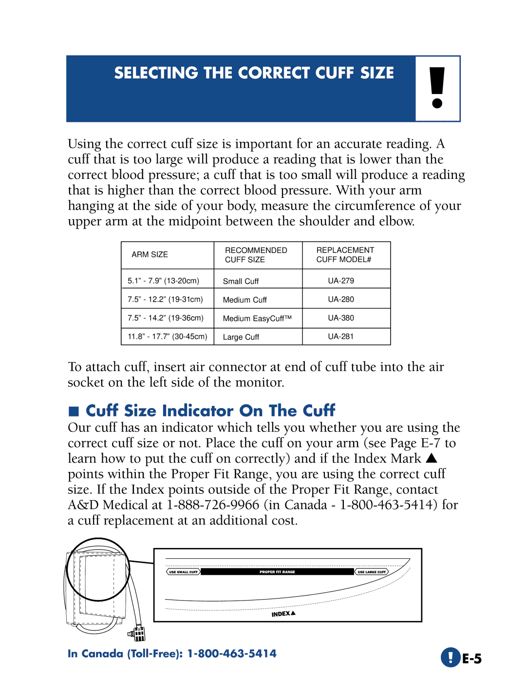 A&D UA-774 manual Selecting the Correct Cuff Size, Cuff Size Indicator On The Cuff 