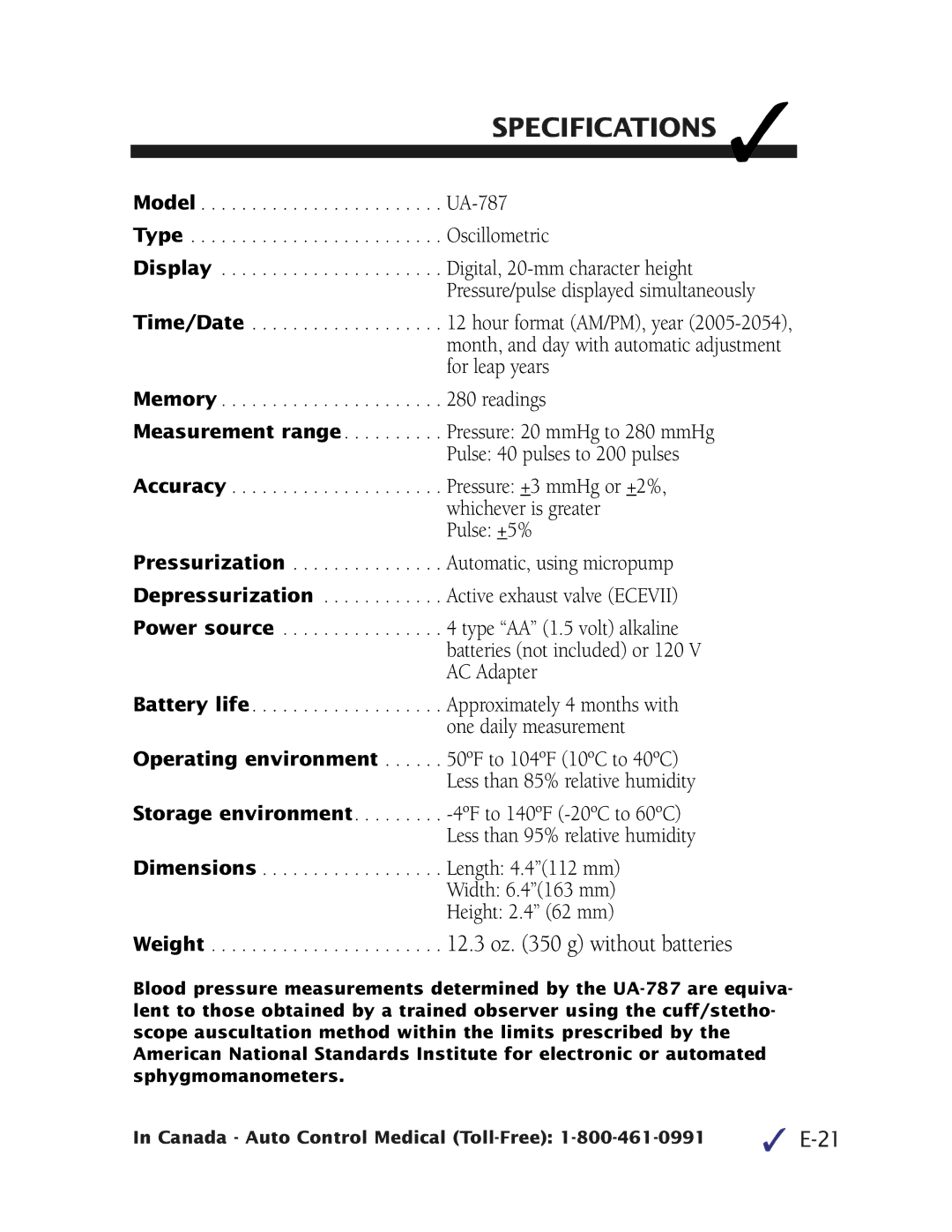 A&D UA-787 manual Specifications, Weight .3 oz g without batteries 