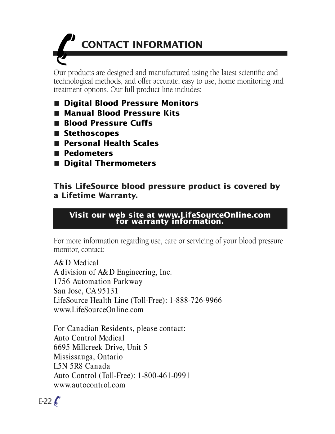 A&D UA-787 manual Contact Information, Medical Division of A&D Engineering, Inc 