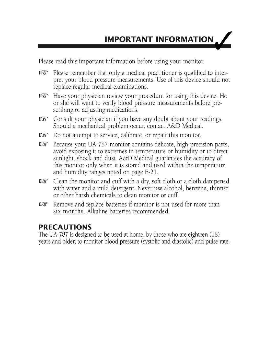 A&D UA-787 manual Important Information, Precautions 