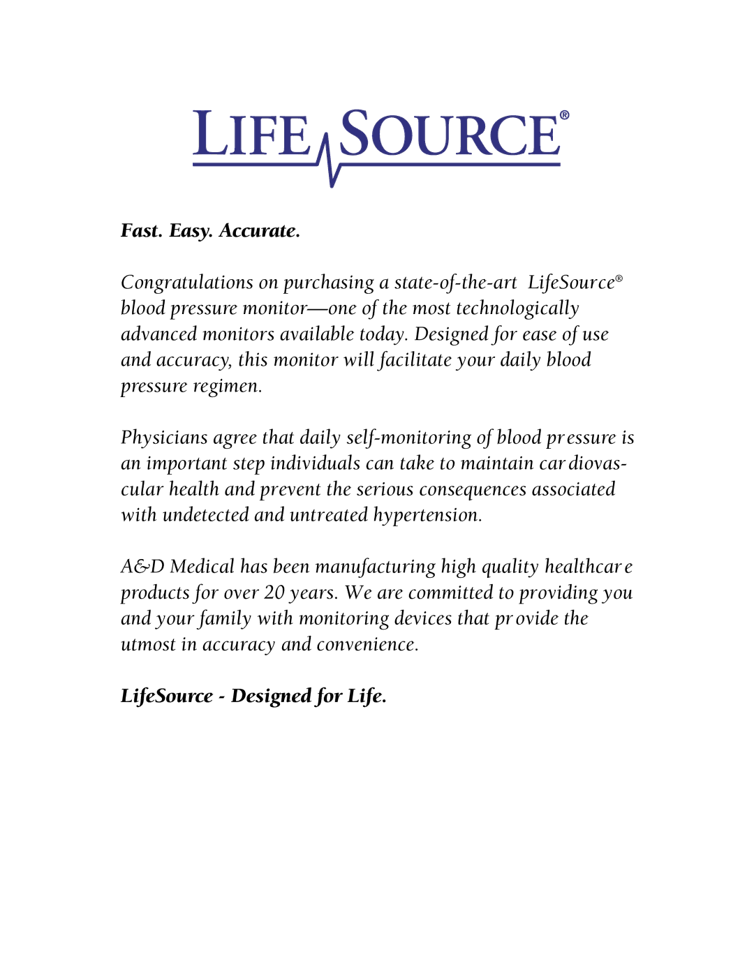 A&D UA-787 manual LifeSource Designed for Life 