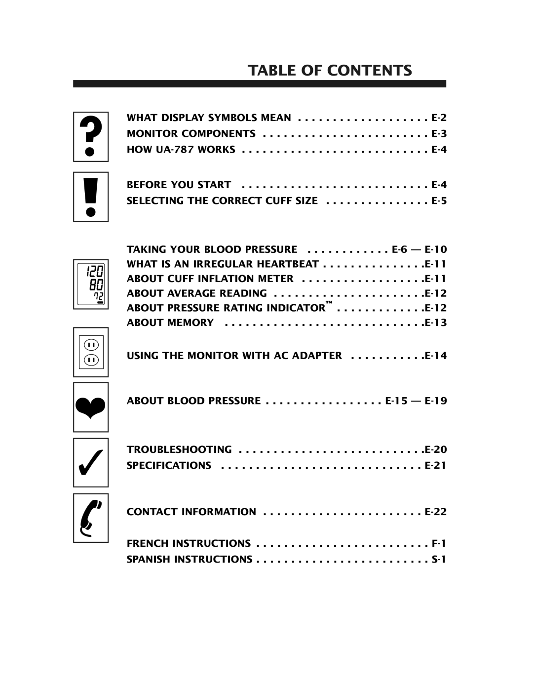 A&D UA-787 manual Table of Contents 