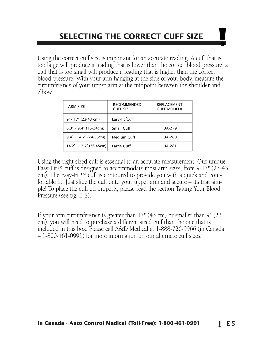 A&D UA-787 manual Selecting the Correct Cuff Size, ARM Size Recommended Replacement Cuff Size Cuff MODEL# 