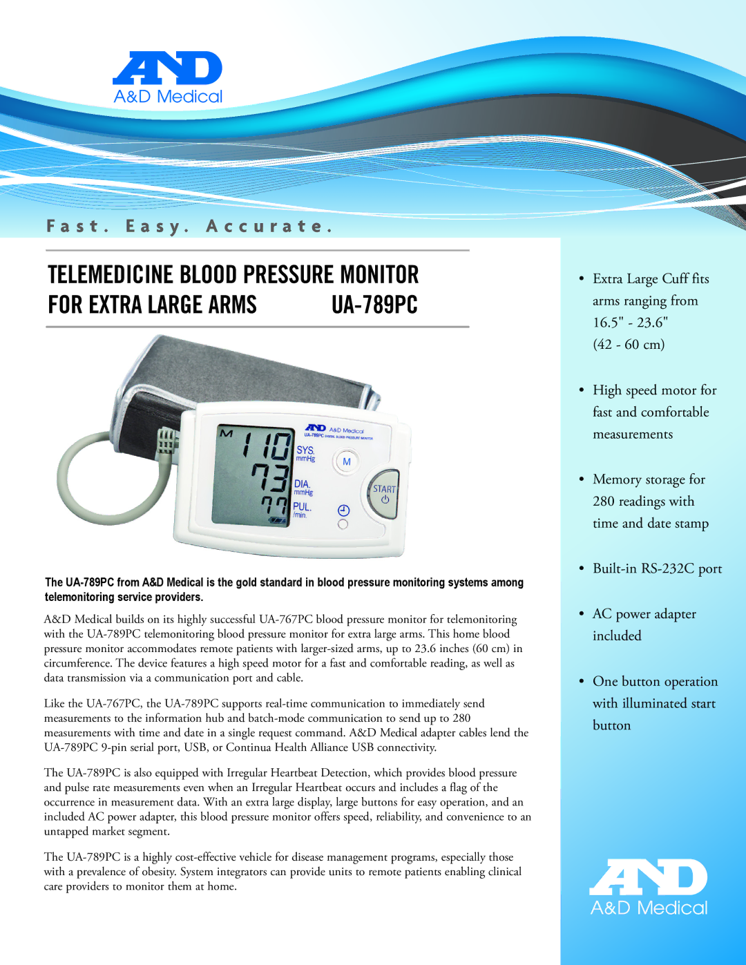 A&D UA-789PC manual Telemedicine Blood Pressure Monitor 