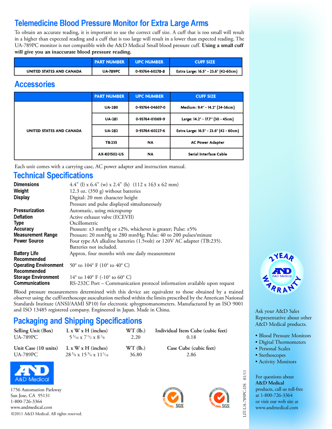 A&D UA-789PC manual Telemedicine Blood Pressure Monitor for Extra Large Arms, Accessories, Technical Specifications 