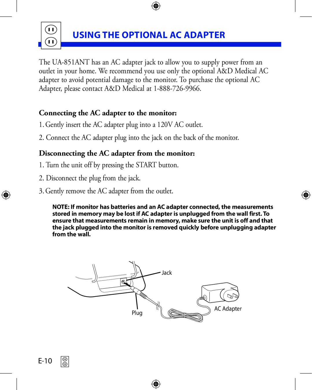 A&D UA-851ANT manual Using the Optional AC Adapter, Connecting the AC adapter to the monitor 