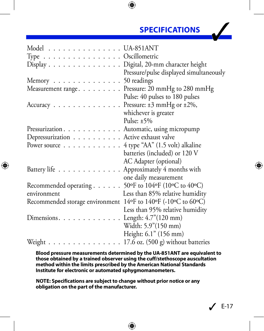 A&D UA-851ANT manual Specifications 