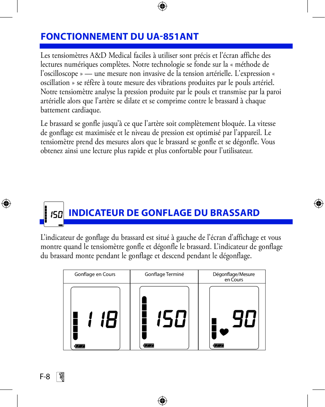 A&D manual Fonctionnement DU UA-851ANT, Indicateur DE Gonflage DU Brassard 