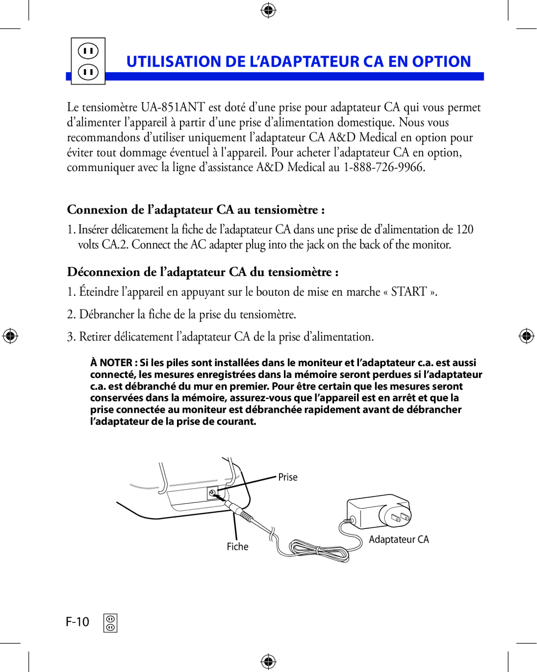 A&D UA-851ANT manual Utilisation DE L’ADAPTATEUR CA EN Option, Connexion de l’adaptateur CA au tensiomètre 