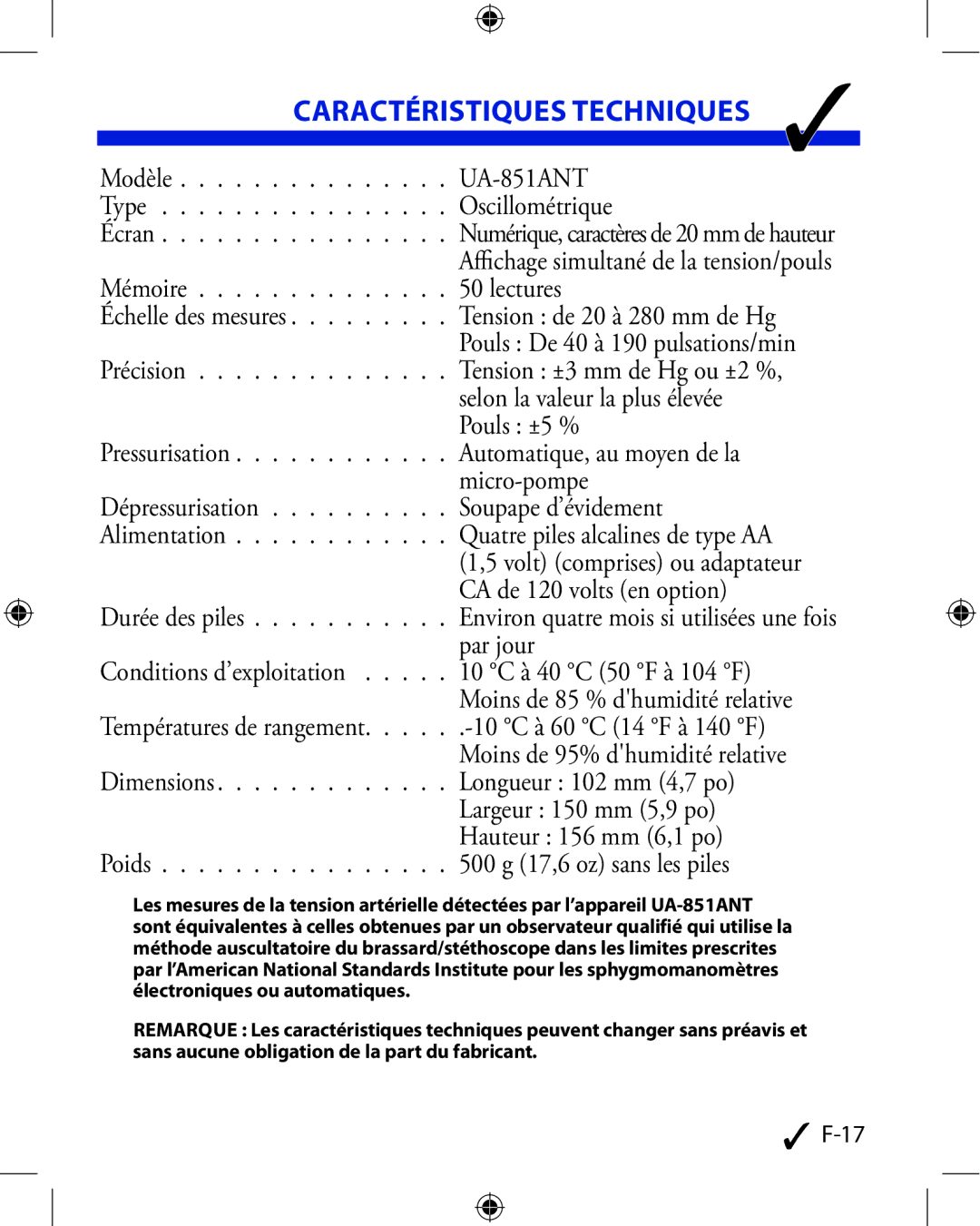 A&D UA-851ANT manual Caractéristiques Techniques 