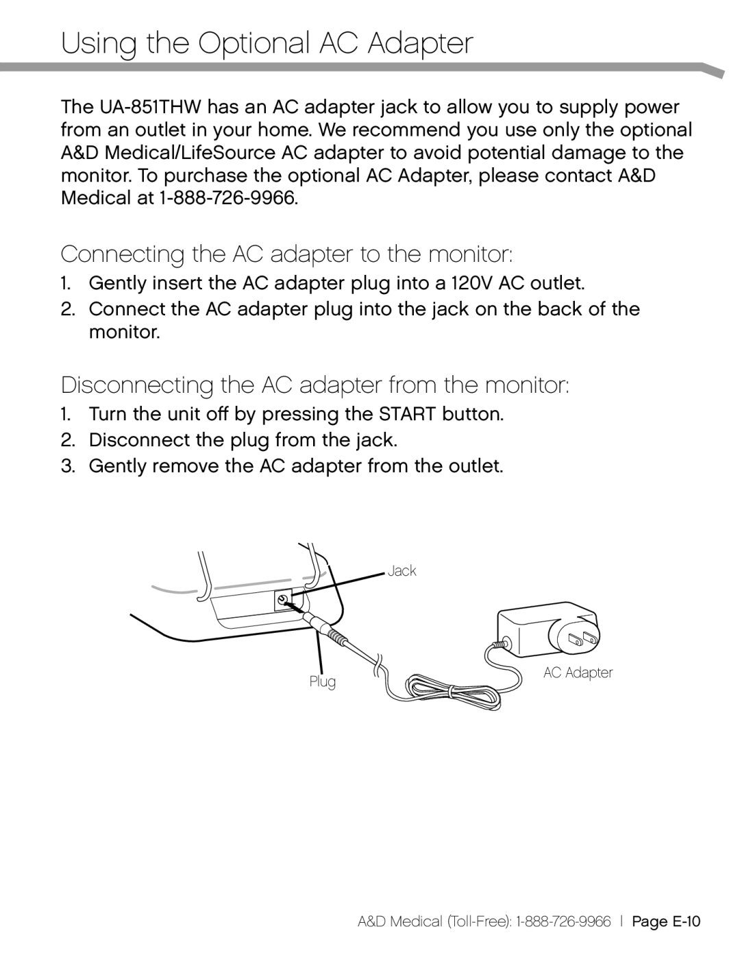 A&D UA851TMW, UA-851THW, UA_851THX user manual Using the Optional AC Adapter, Connecting the AC adapter to the monitor 