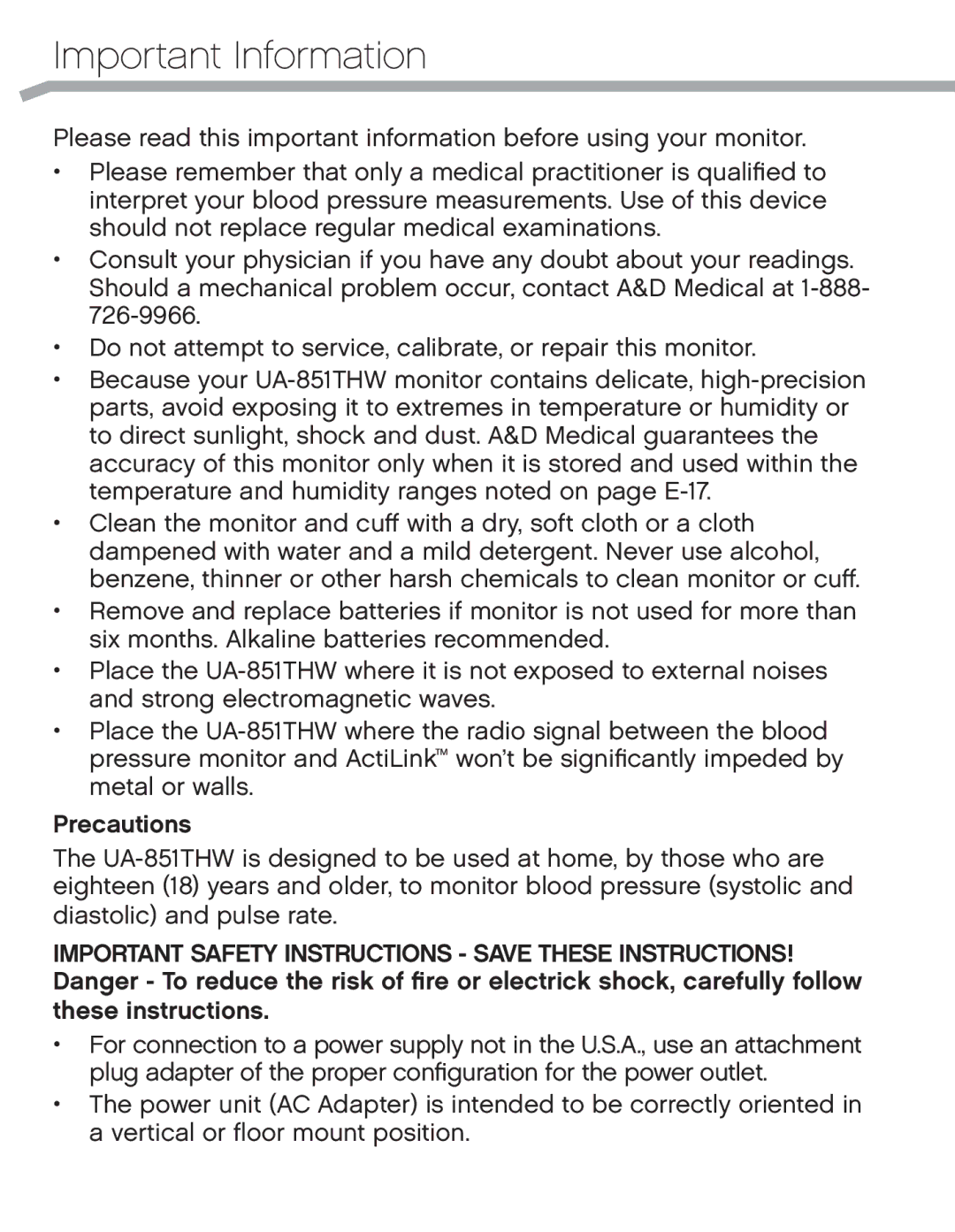 A&D UA_851THX, UA-851THW, UA851TMW user manual Important Information 