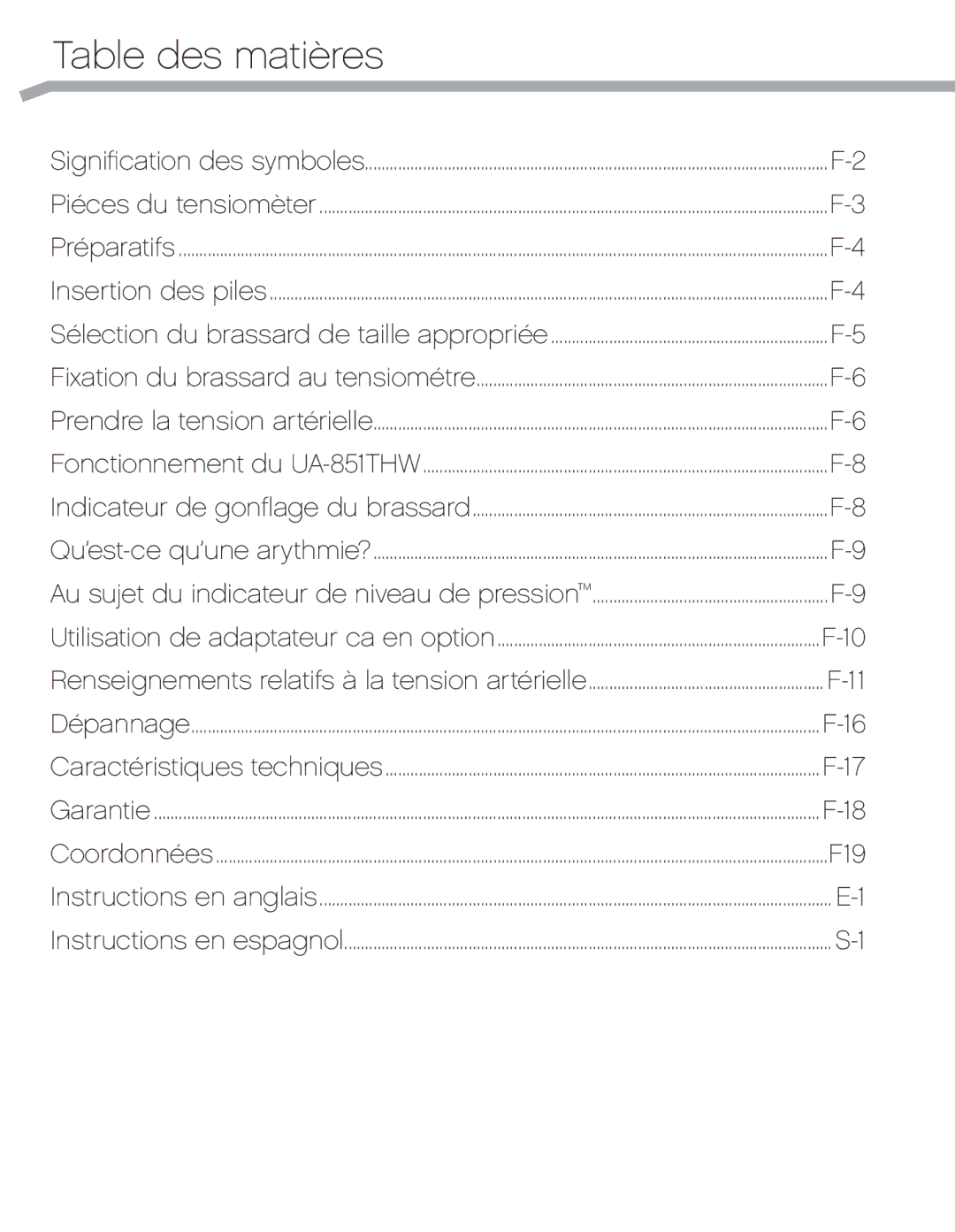 A&D UA_851THX, UA-851THW, UA851TMW user manual Table des matières, F19 