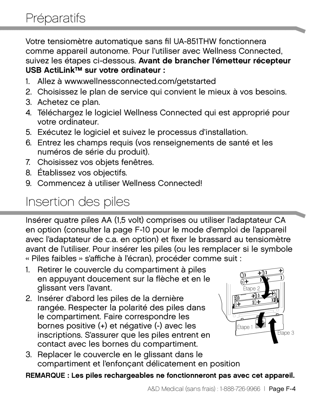 A&D UA_851THX, UA-851THW, UA851TMW user manual Préparatifs, Insertion des piles 