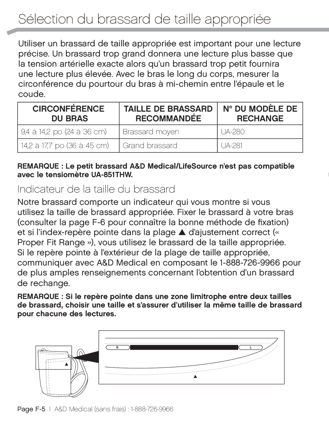 A&D UA-851THW, UA851TMW, UA_851THX Sélection du brassard de taille appropriée, Indicateur de la taille du brassard 