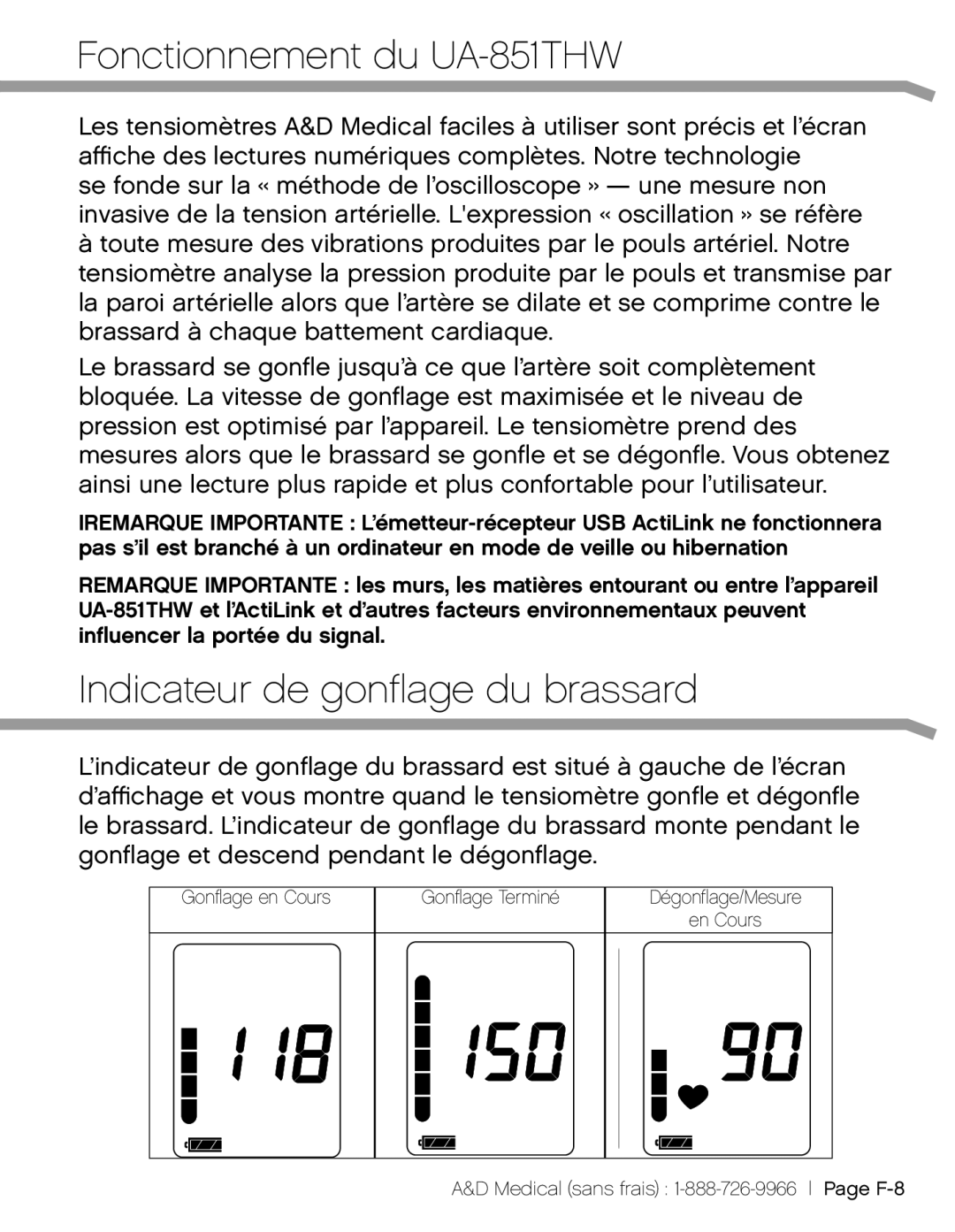 A&D UA851TMW, UA_851THX user manual Fonctionnement du UA-851THW, Indicateur de gonflage du brassard 