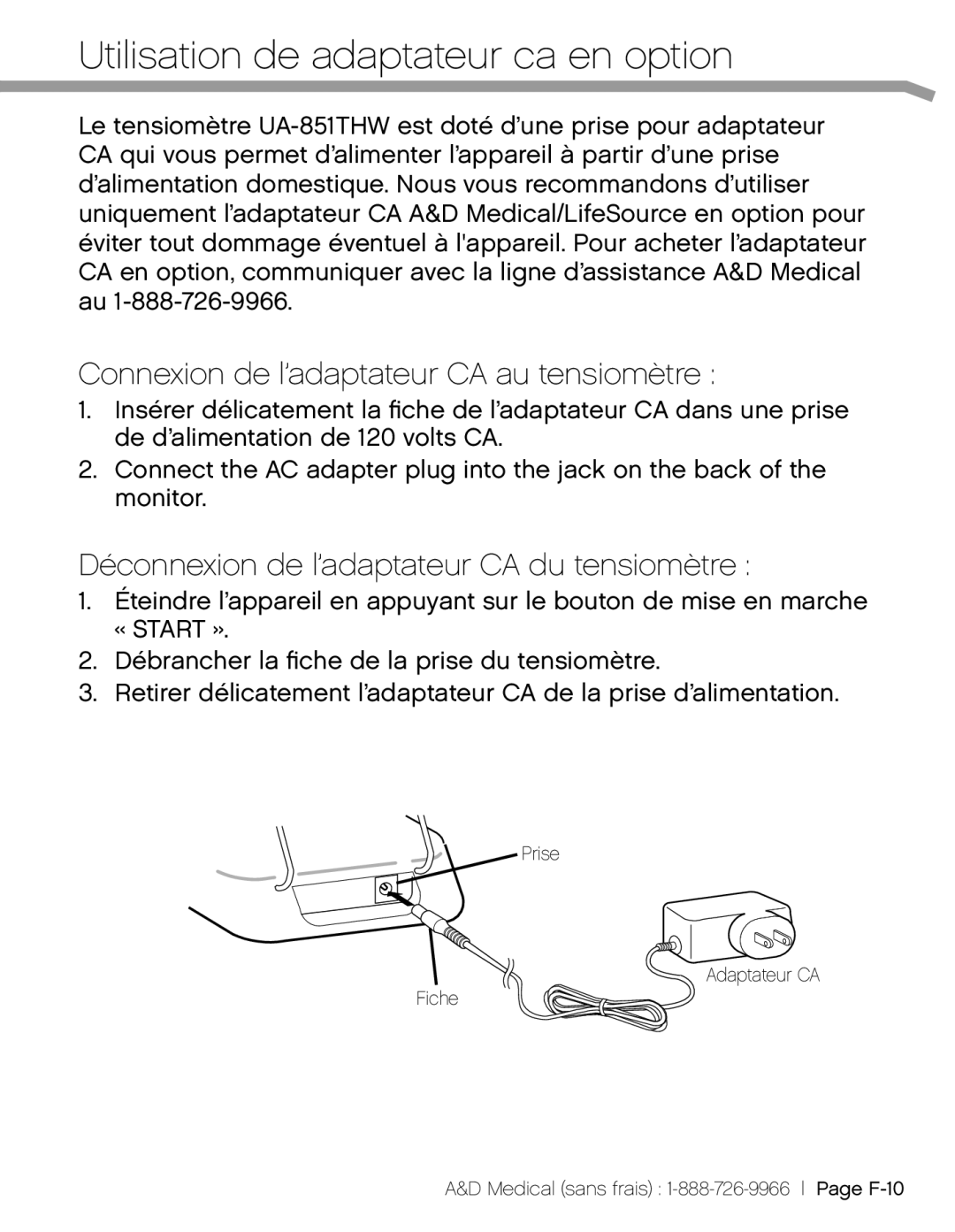 A&D UA_851THX, UA-851THW, UA851TMW Utilisation de adaptateur ca en option, Connexion de l’adaptateur CA au tensiomètre 