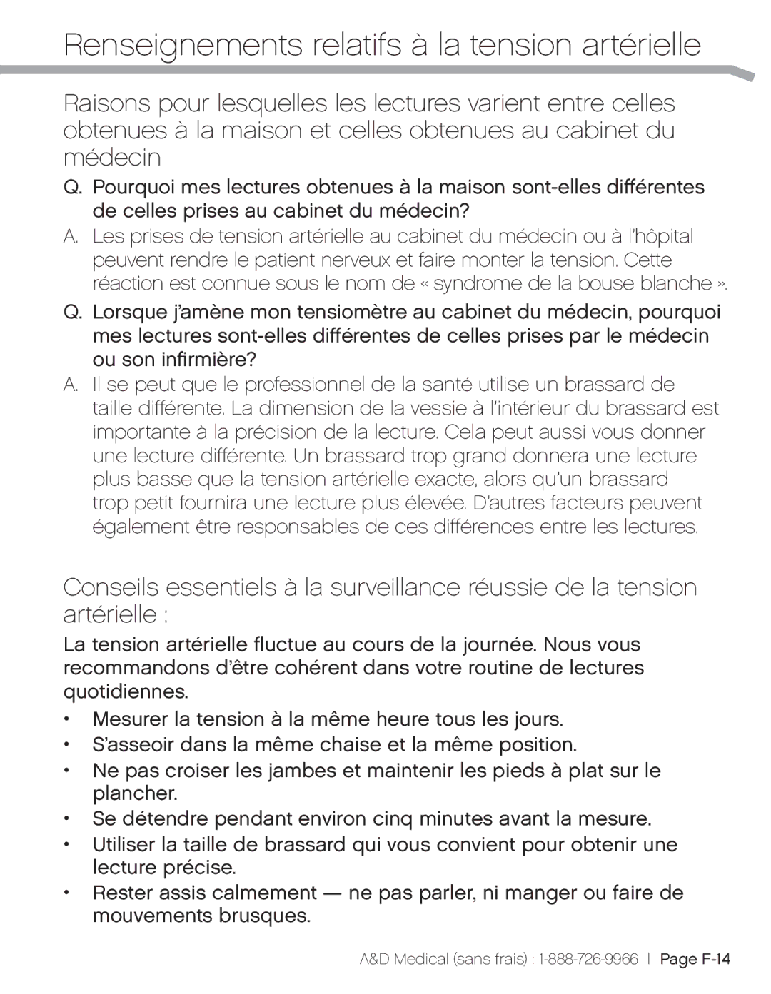 A&D UA-851THW, UA851TMW, UA_851THX user manual Medical sans frais 1-888-726-9966 Page F-14 